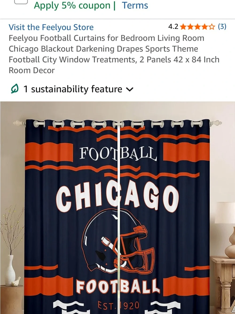 Chicago Football Black and Orange Blackout Curtains 42x84